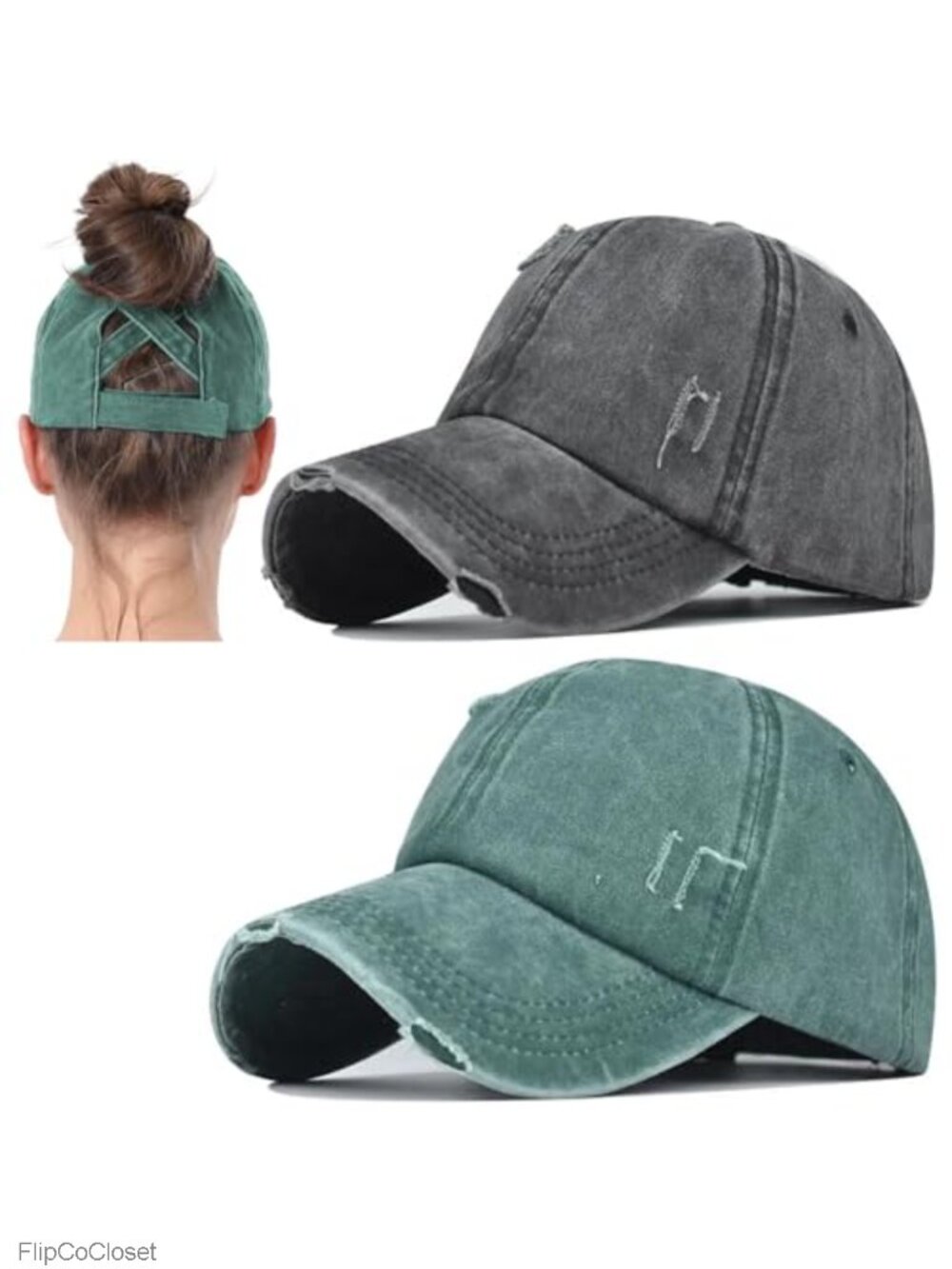 2Pk Distressed Criss Cross Ponytail Hat Baseball Cap for Women Adjustable High